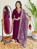 Lovely Wine Viscose Event Wear Pant Suit With Bandhani Dupatta