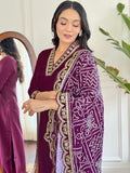 Lovely Wine Viscose Event Wear Pant Suit With Bandhani Dupatta