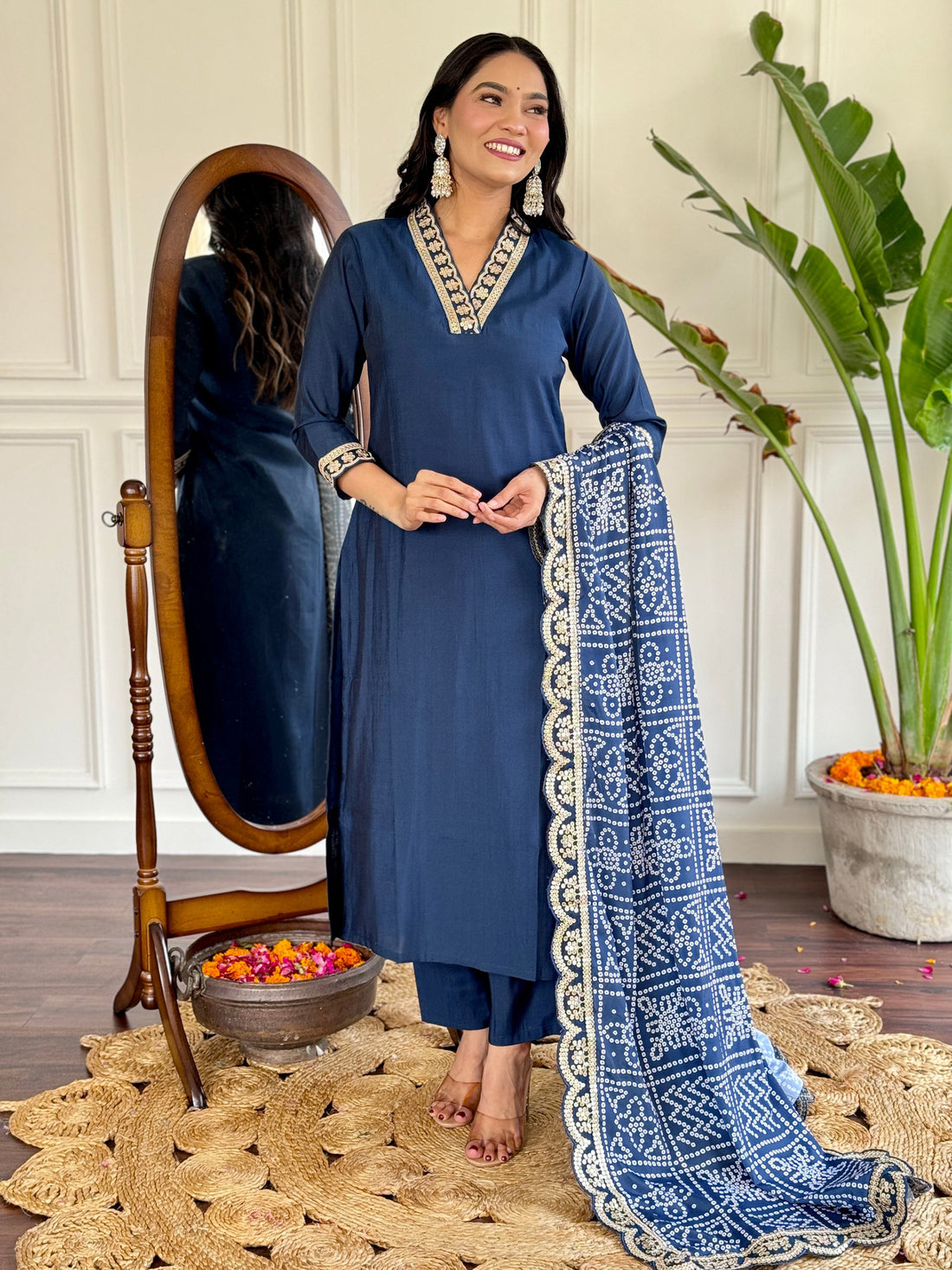 Alluring Blue Viscose Festival Wear Pant Suit With Bandhani Dupatta