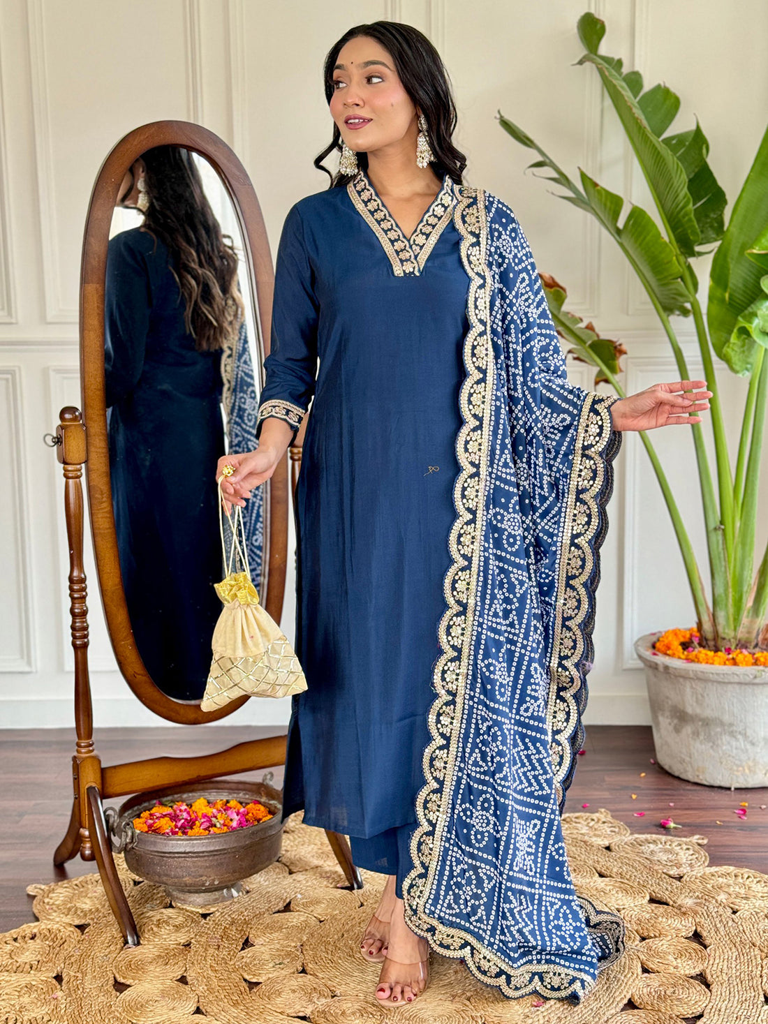 Alluring Blue Viscose Festival Wear Pant Suit With Bandhani Dupatta