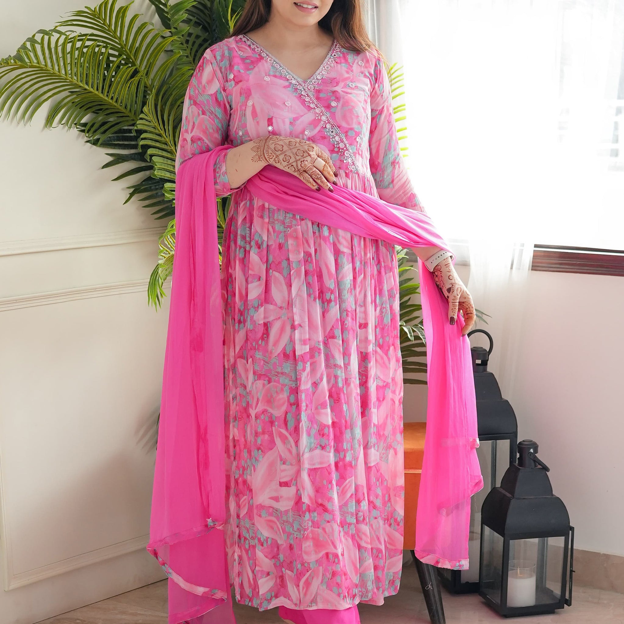Fabulous Pink Floral Printed Chinon Pant Suit With Dupatta