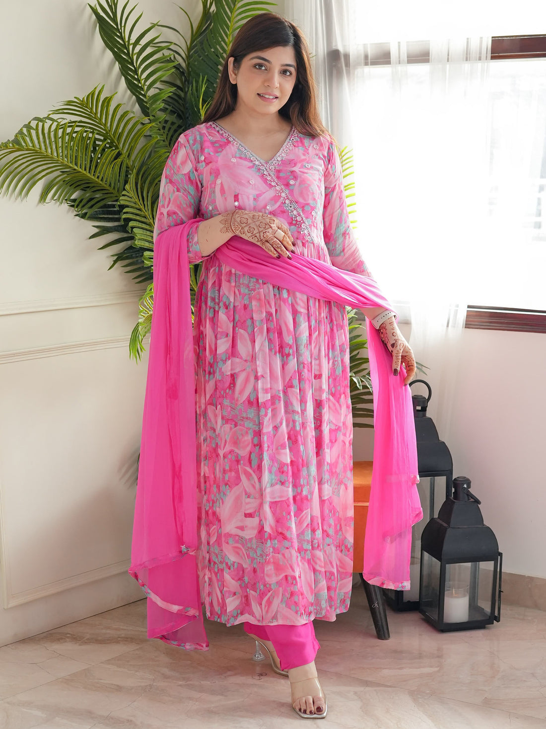 Fabulous Pink Floral Printed Chinon Pant Suit With Dupatta