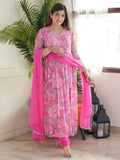Fabulous Pink Floral Printed Chinon Pant Suit With Dupatta