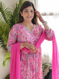 Fabulous Pink Floral Printed Chinon Pant Suit With Dupatta