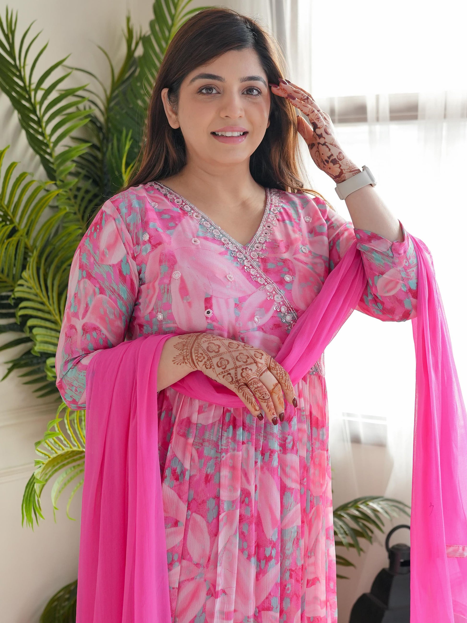 Fabulous Pink Floral Printed Chinon Pant Suit With Dupatta