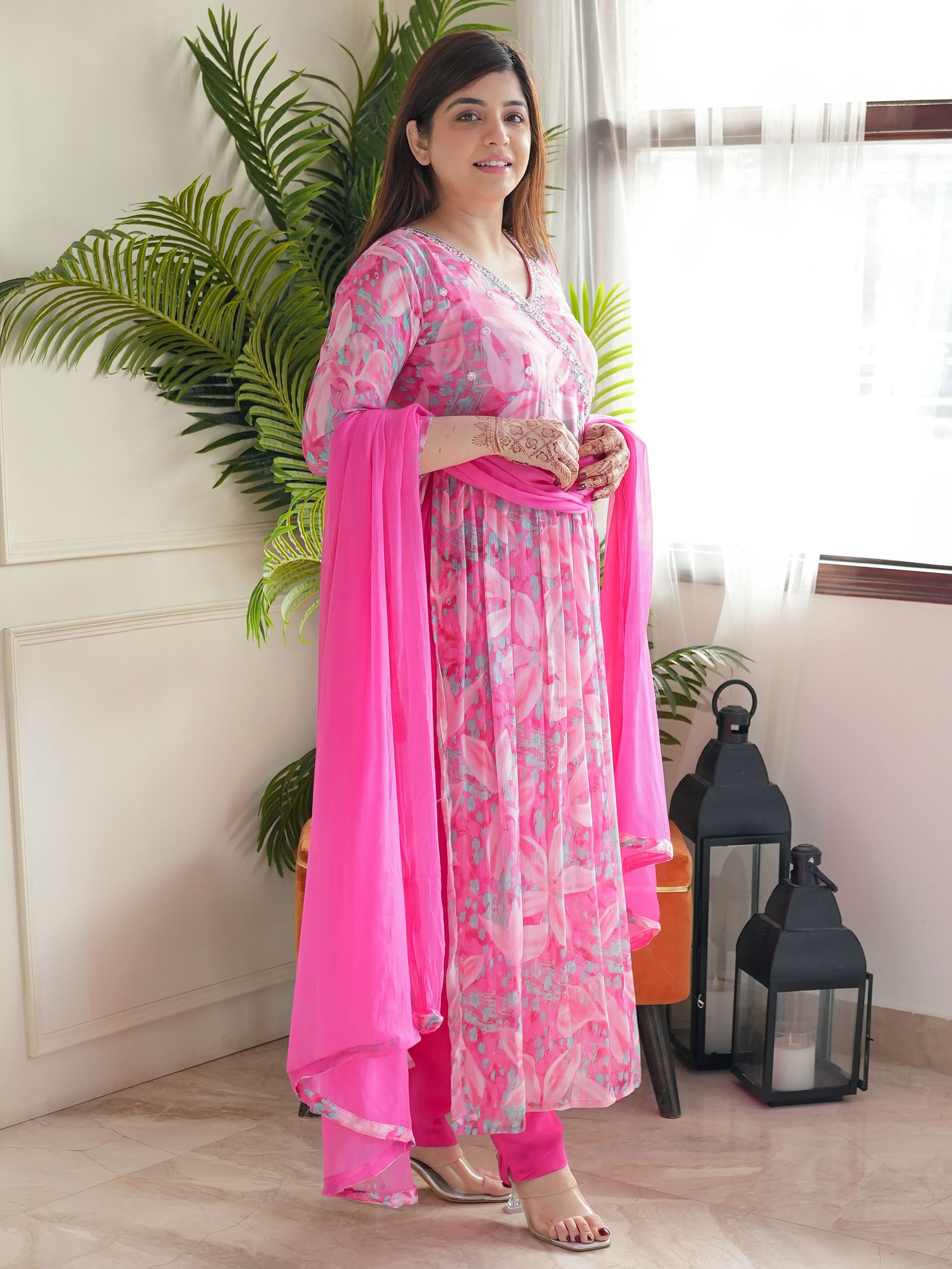 Fabulous Pink Floral Printed Chinon Pant Suit With Dupatta