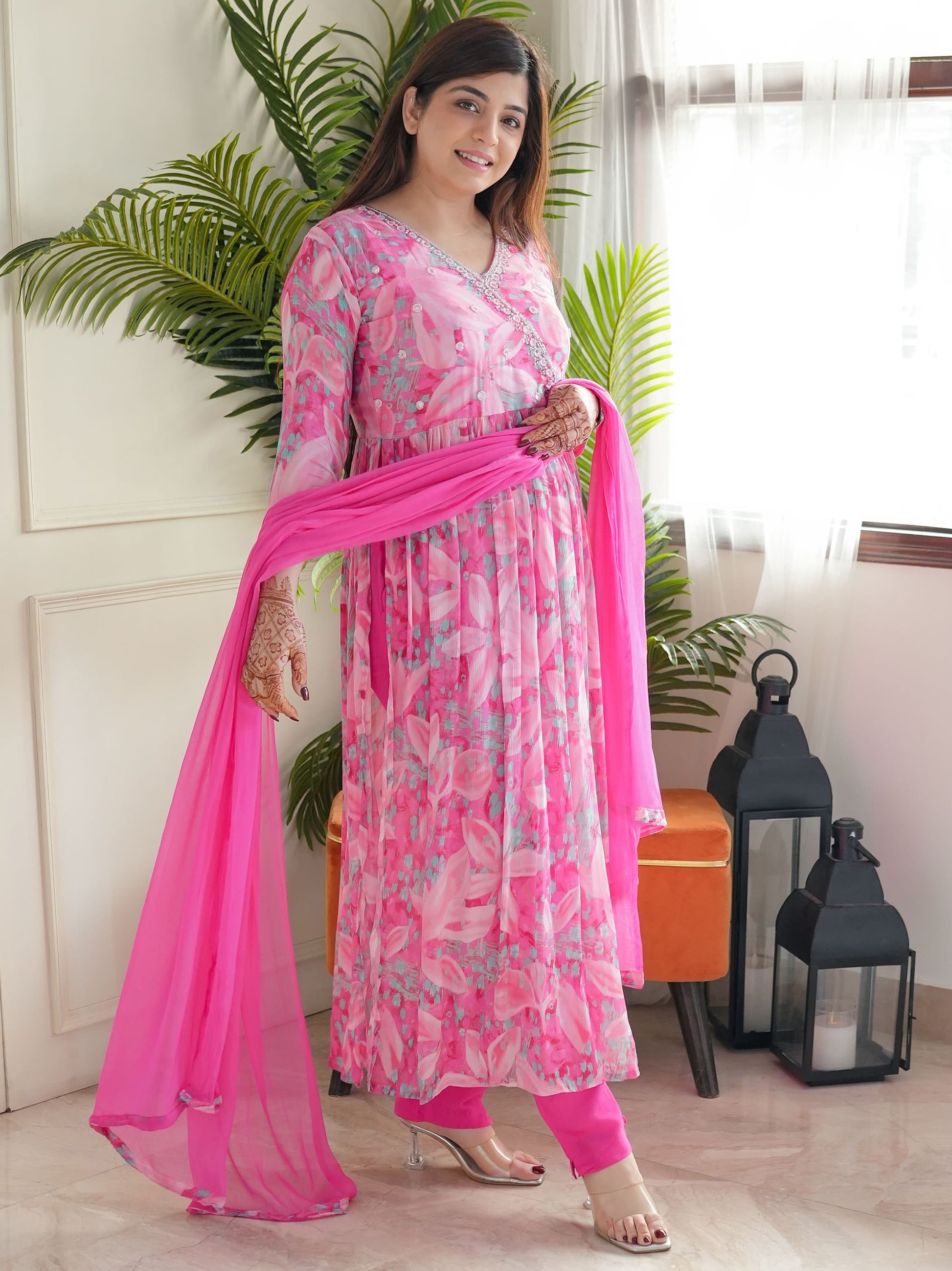 Fabulous Pink Floral Printed Chinon Pant Suit With Dupatta