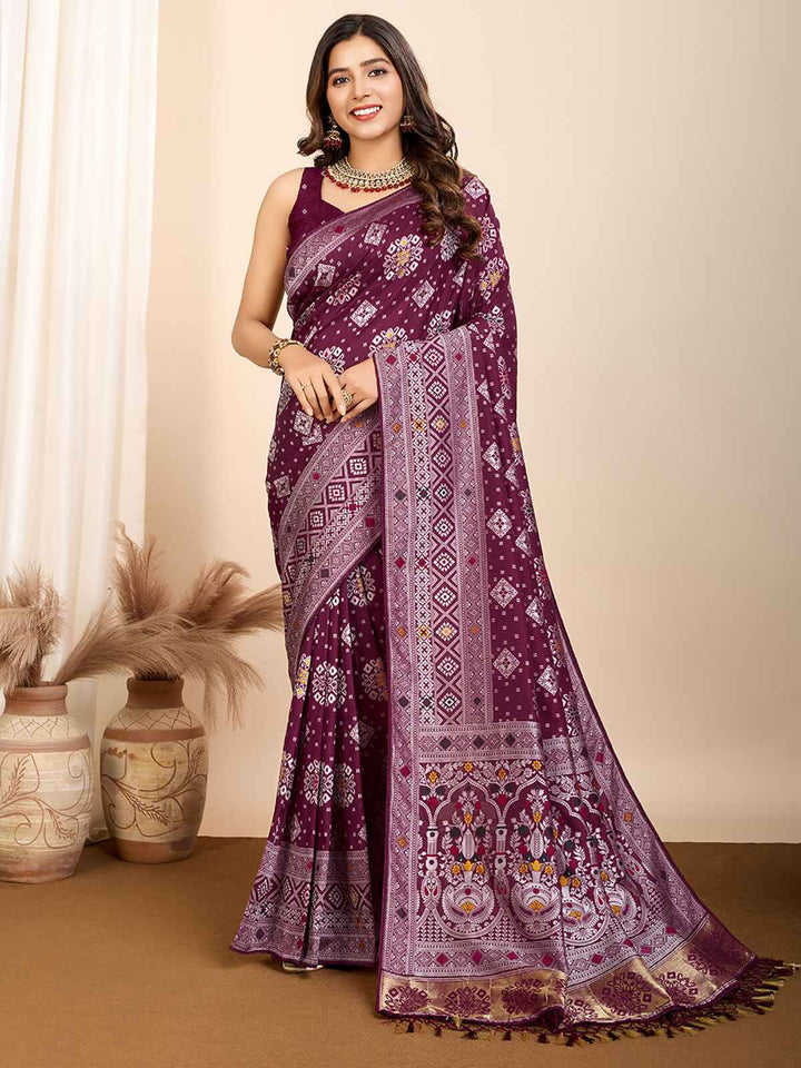 Precious Wine Zari Weaving Silk Festival Wear Saree With Blouse