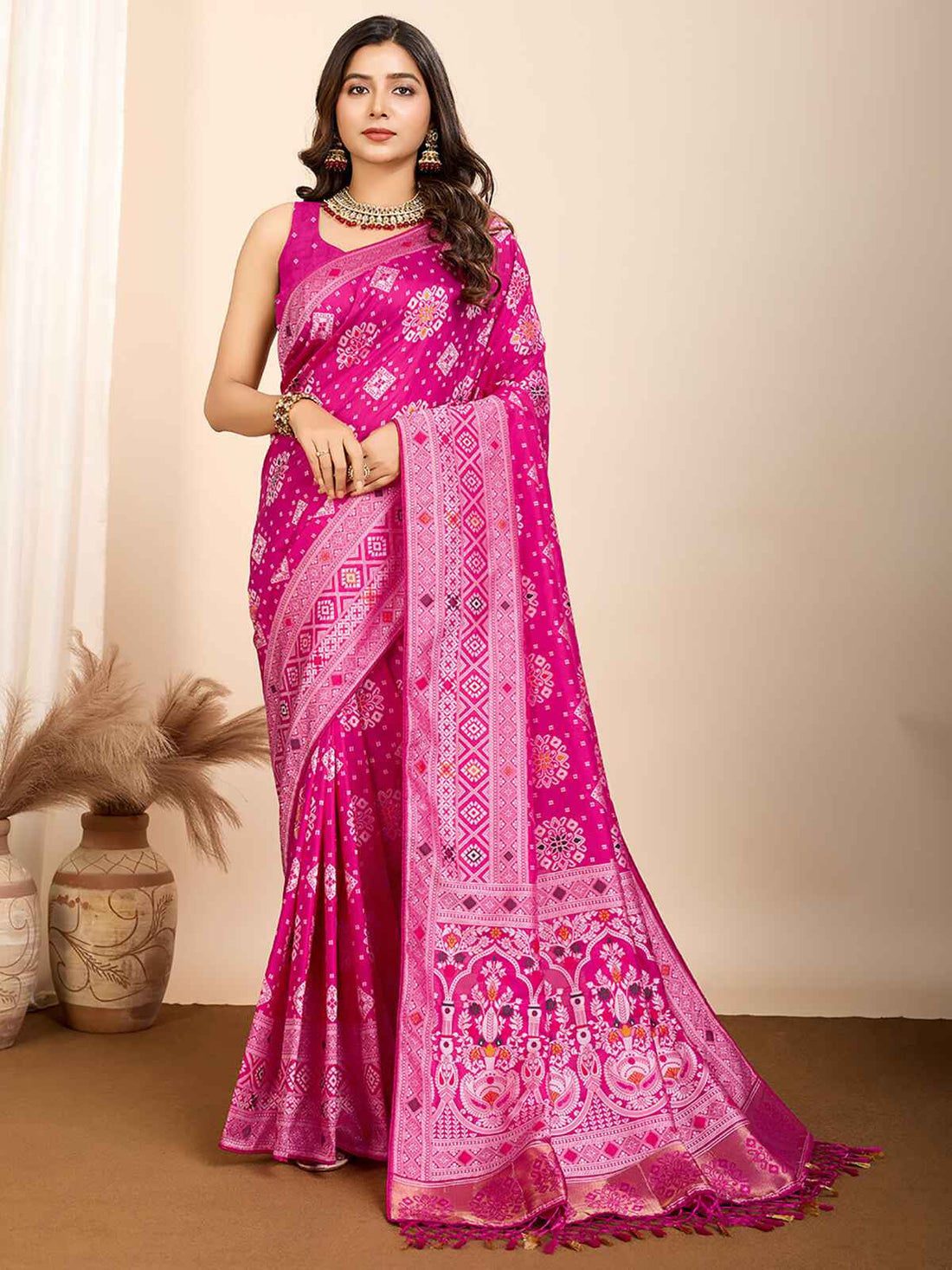 Beautiful Rani Pink Zari Weaving Silk Wedding Saree With Blouse