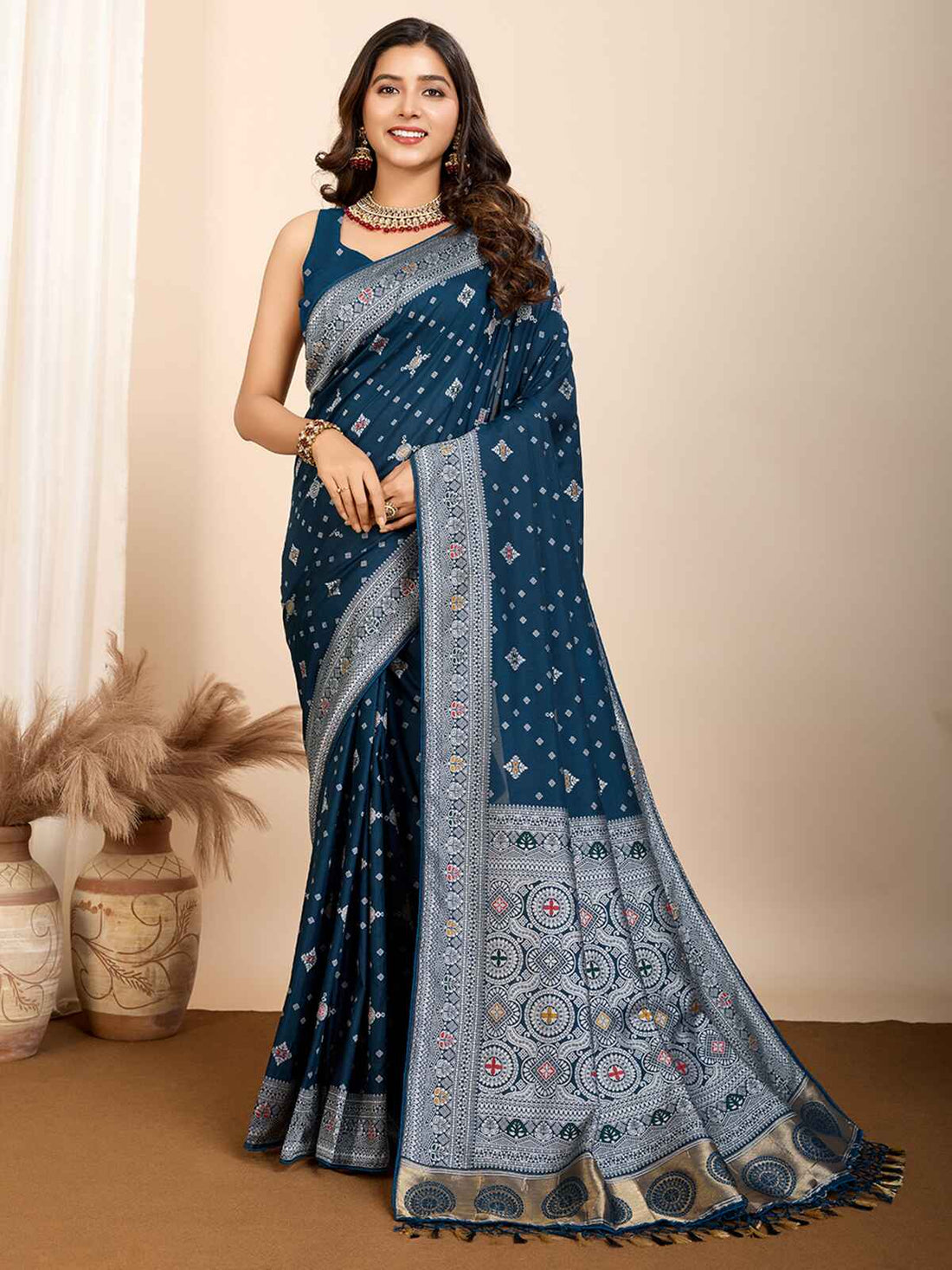 Winsome Teal Blue Zari Weaving Silk Function Wear Saree With Blouse