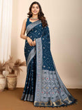 Winsome Teal Blue Zari Weaving Silk Function Wear Saree With Blouse