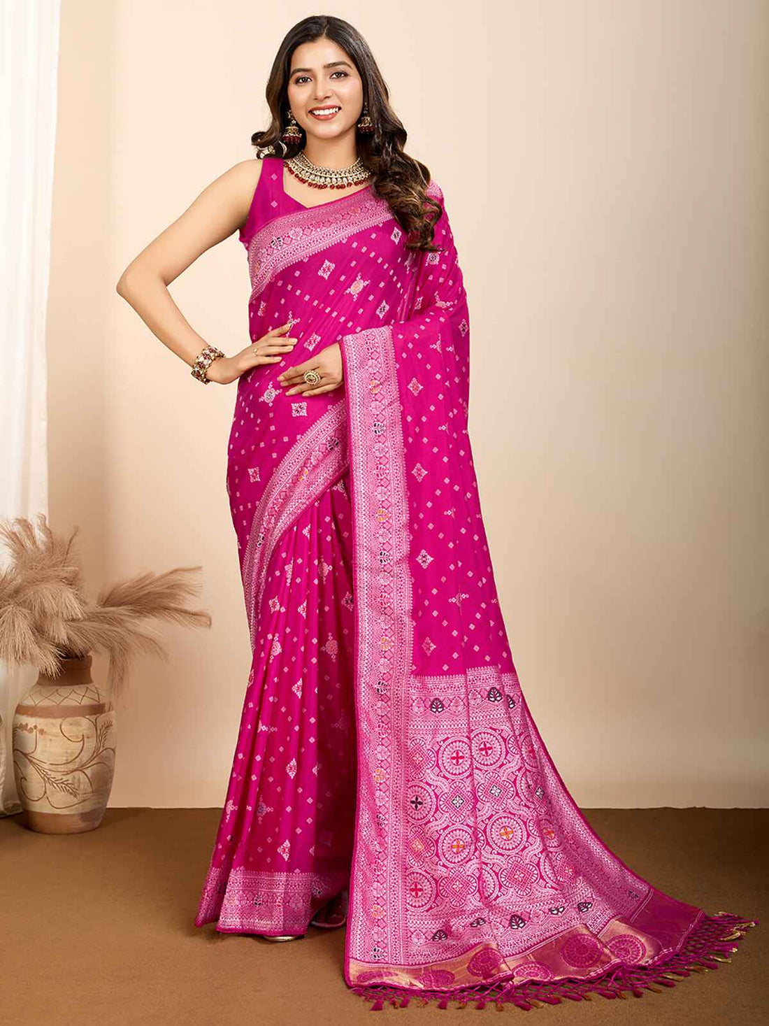 Fascinating Rani Pink Zari Weaving Silk Traditional Saree With Blouse