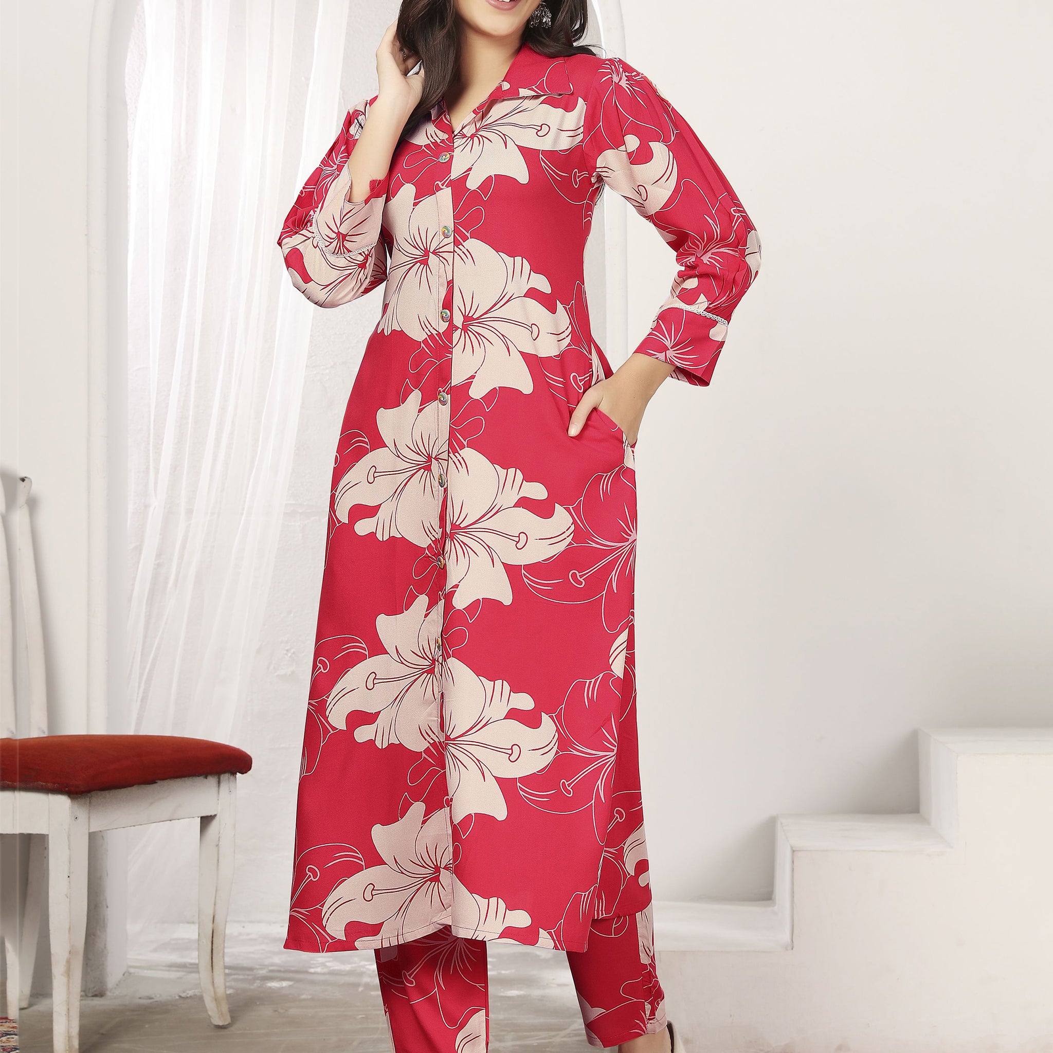 Wonderful Red Floral Printed Rayon Silk Casual Wear Kurti With Pant