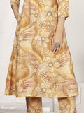 Awesome Beige Floral Printed Chanderi Silk Casual Wear Kurti With Pant