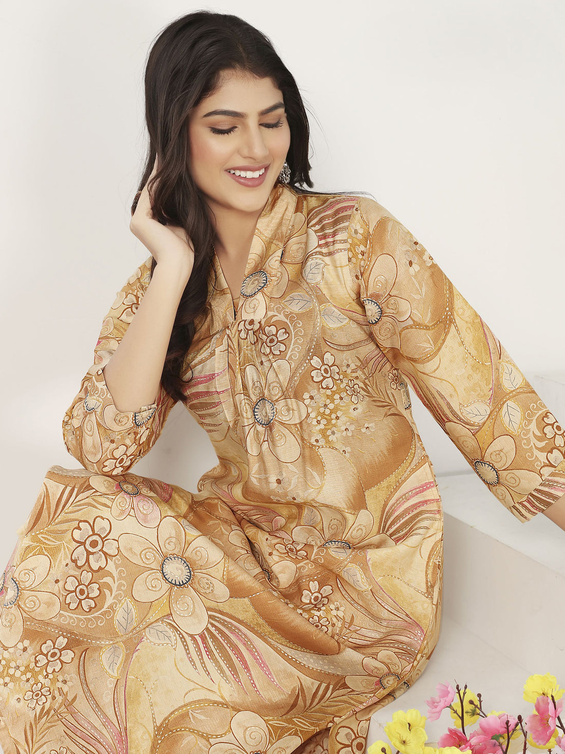 Awesome Beige Floral Printed Chanderi Silk Casual Wear Kurti With Pant