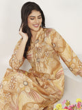 Awesome Beige Floral Printed Chanderi Silk Casual Wear Kurti With Pant