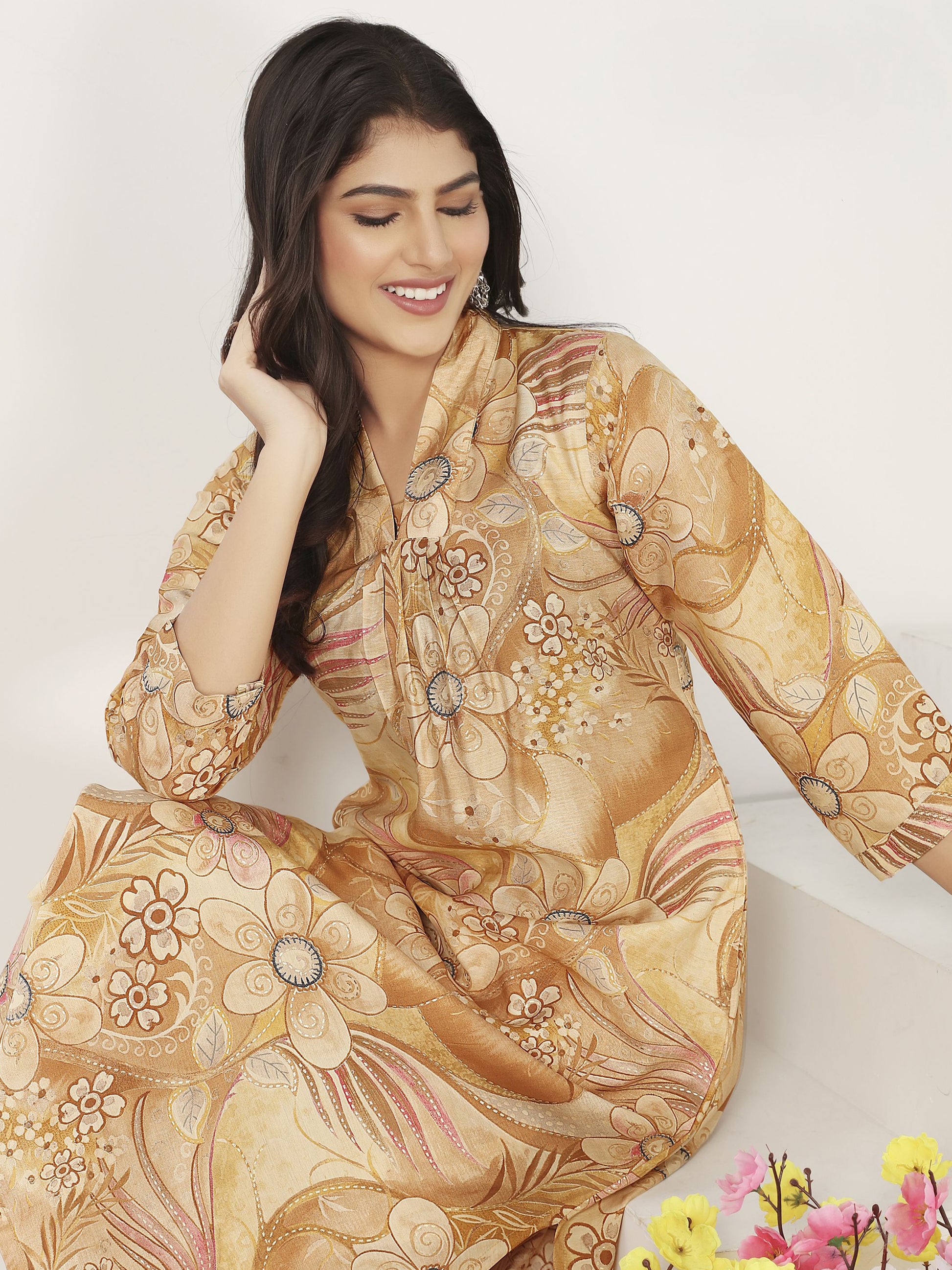 Awesome Beige Floral Printed Chanderi Silk Casual Wear Kurti With Pant