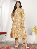Awesome Beige Floral Printed Chanderi Silk Casual Wear Kurti With Pant
