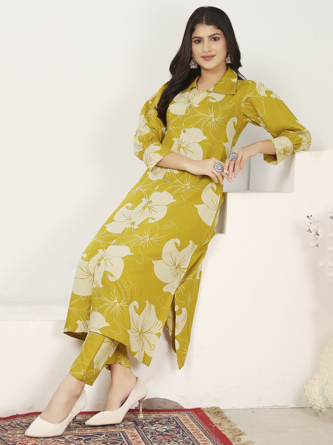 Incredible Mustard Yellow Floral Printed Rayon Silk Kurti With Pant