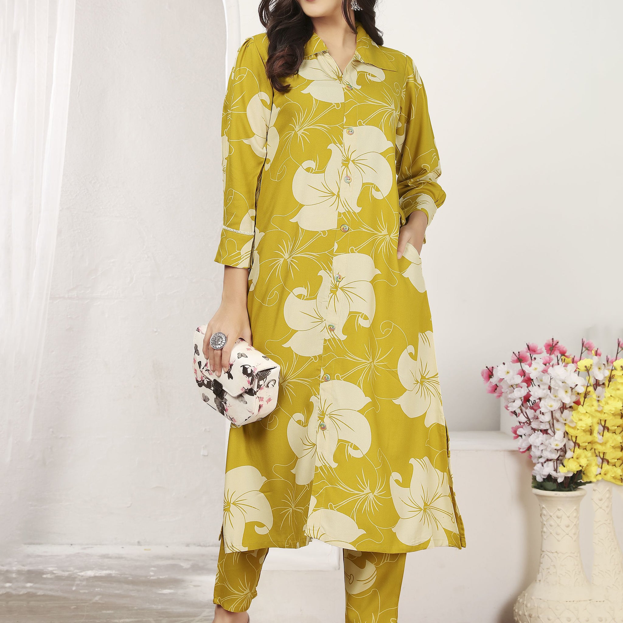 Incredible Mustard Yellow Floral Printed Rayon Silk Kurti With Pant