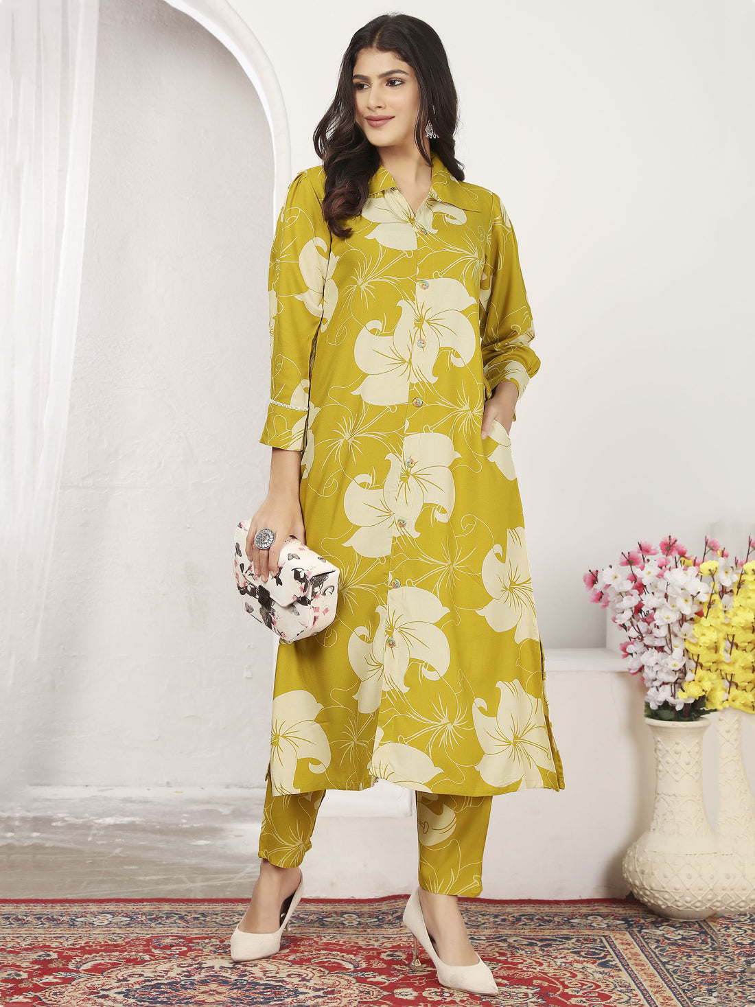 Incredible Mustard Yellow Floral Printed Rayon Silk Kurti With Pant