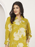 Incredible Mustard Yellow Floral Printed Rayon Silk Kurti With Pant