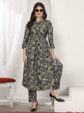 Pretty Navy Blue Floral Printed Rayon Silk Casual Wear Kurti With Pant