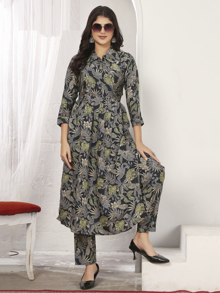 Pretty Navy Blue Floral Printed Rayon Silk Casual Wear Kurti With Pant