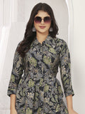 Pretty Navy Blue Floral Printed Rayon Silk Casual Wear Kurti With Pant