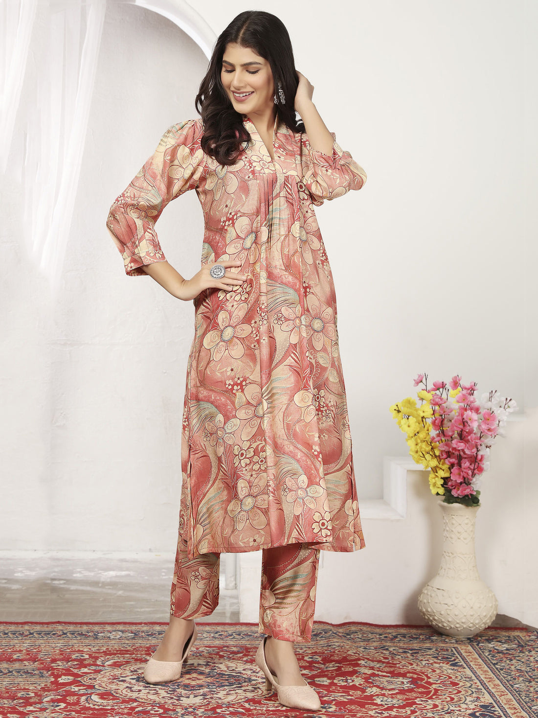 Beautiful Peach Floral Printed Chanderi Silk Event Wear Kurti With Pant