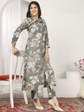 Adorable Grey Floral Printed Chanderi Silk Kurti With Pant