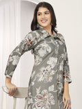 Adorable Grey Floral Printed Chanderi Silk Kurti With Pant