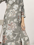 Adorable Grey Floral Printed Chanderi Silk Kurti With Pant