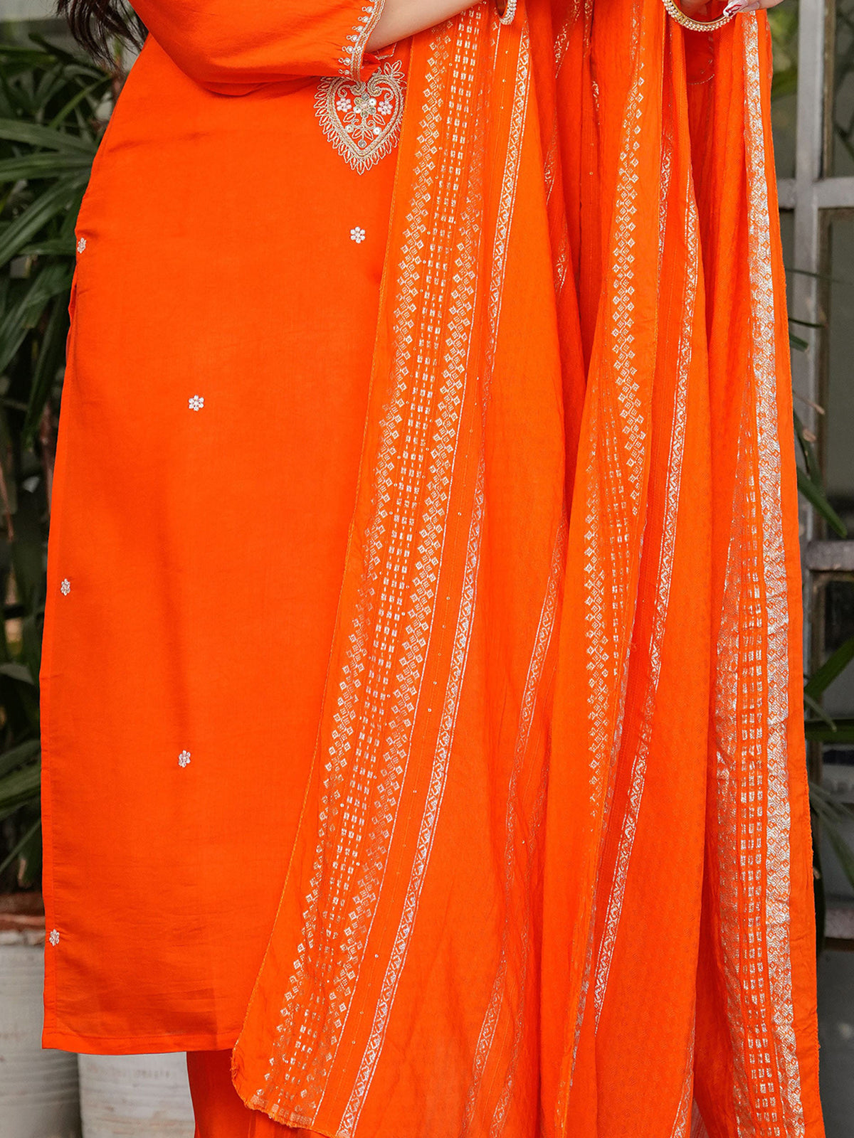 Dazzling Orange Sequins Viscose Silk Traditional Pant Suit