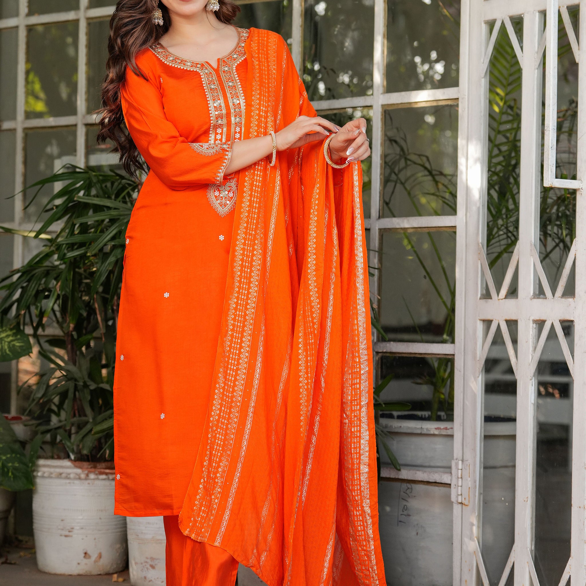 Dazzling Orange Sequins Viscose Silk Traditional Pant Suit