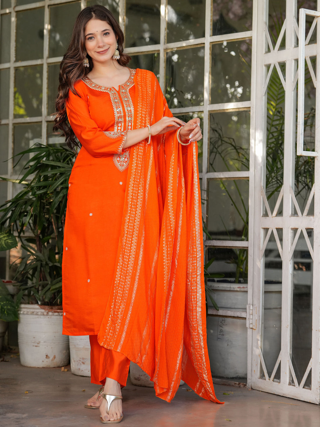 Dazzling Orange Sequins Viscose Silk Traditional Pant Suit