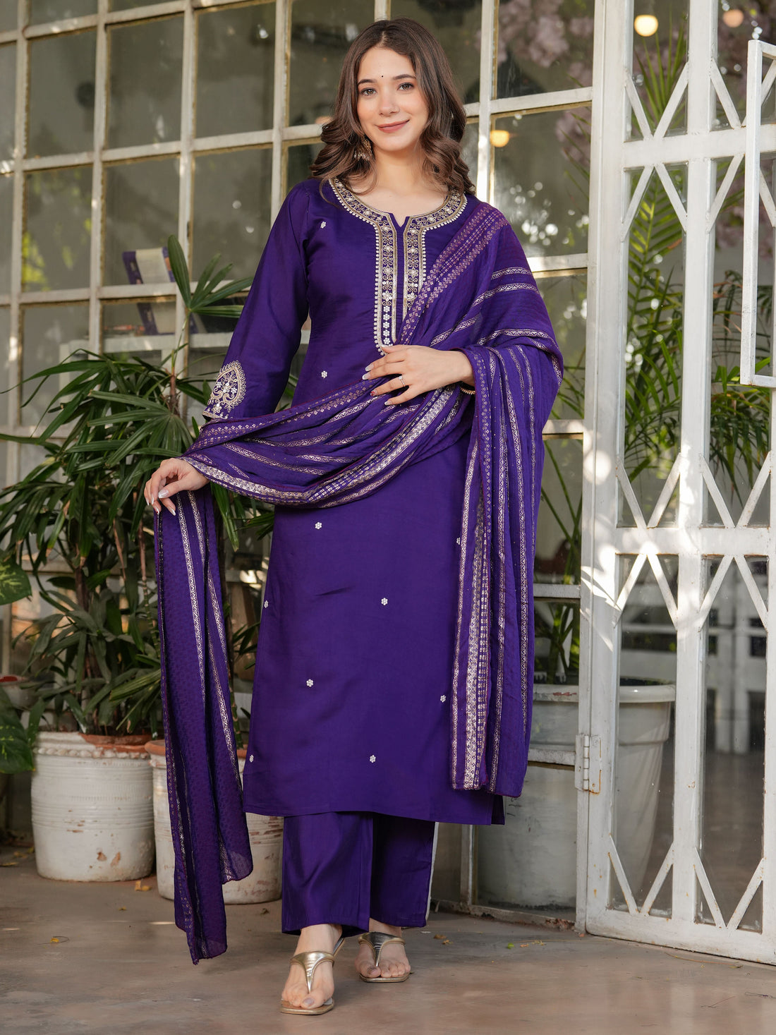 Alluring Purple Sequins Viscose Silk Straight Pant Suit With Dupatta
