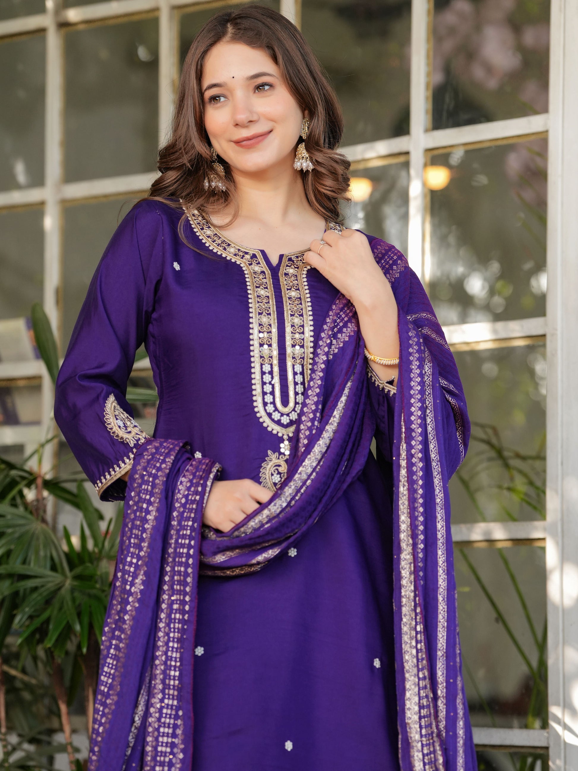 Alluring Purple Sequins Viscose Silk Straight Pant Suit With Dupatta