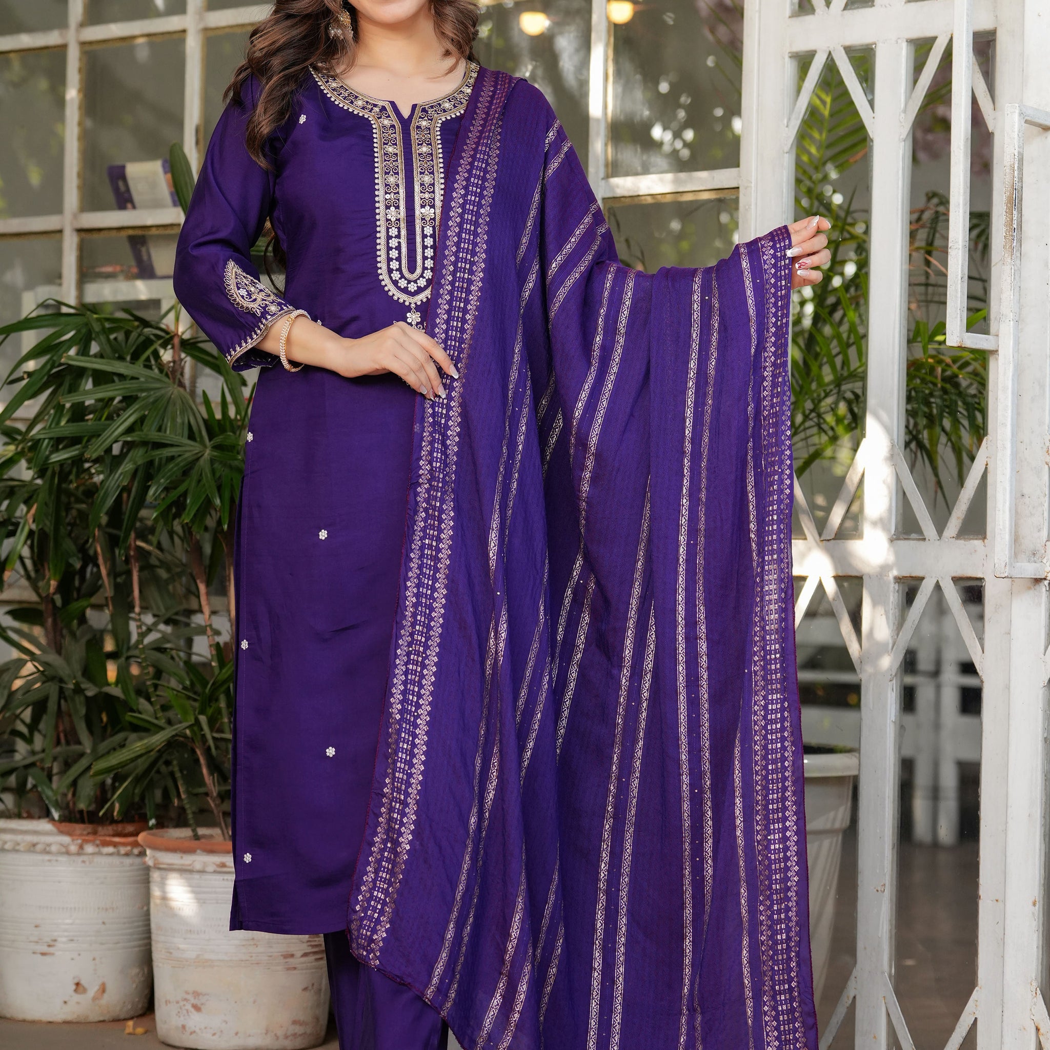Alluring Purple Sequins Viscose Silk Straight Pant Suit With Dupatta