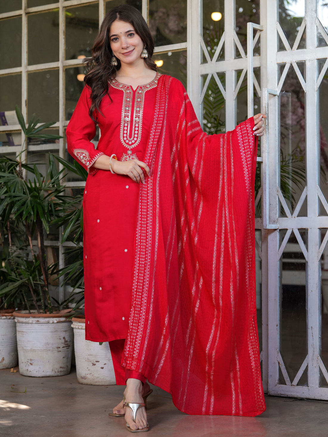 Lovely Red Sequins Viscose Silk Festive Wear Straight Pant Suit