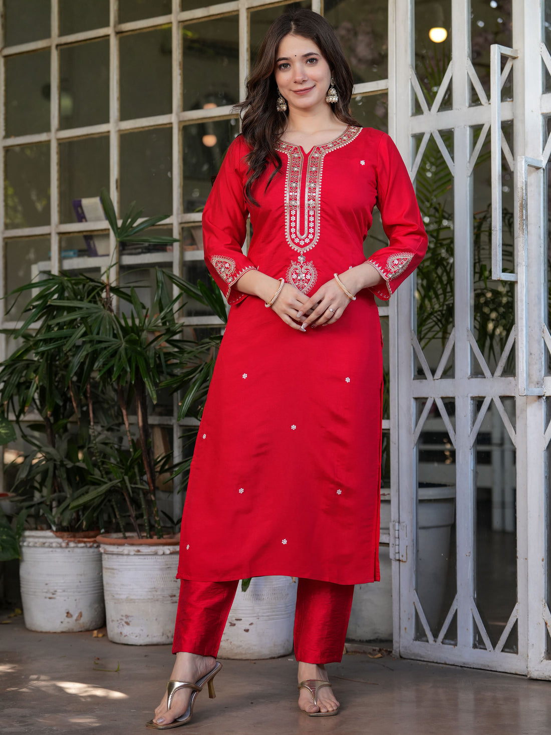 Lovely Red Sequins Viscose Silk Festive Wear Straight Pant Suit