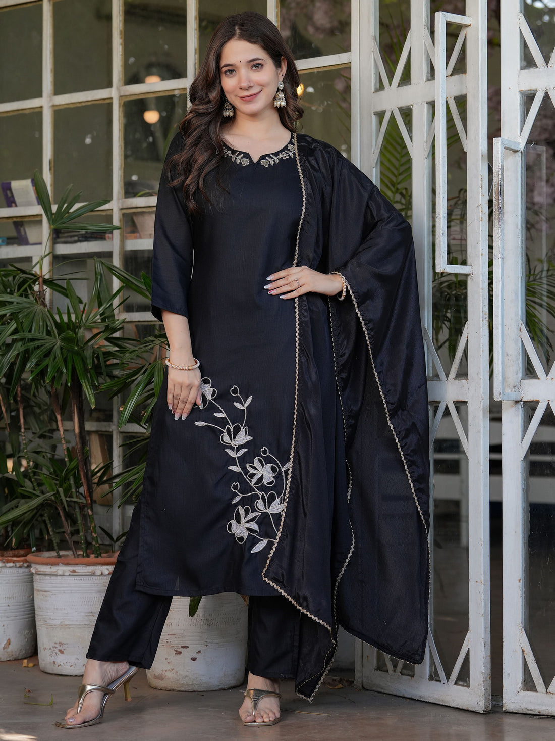 Stunning Black Embroidered Viscose Silk Pant Suit With Dupatta
