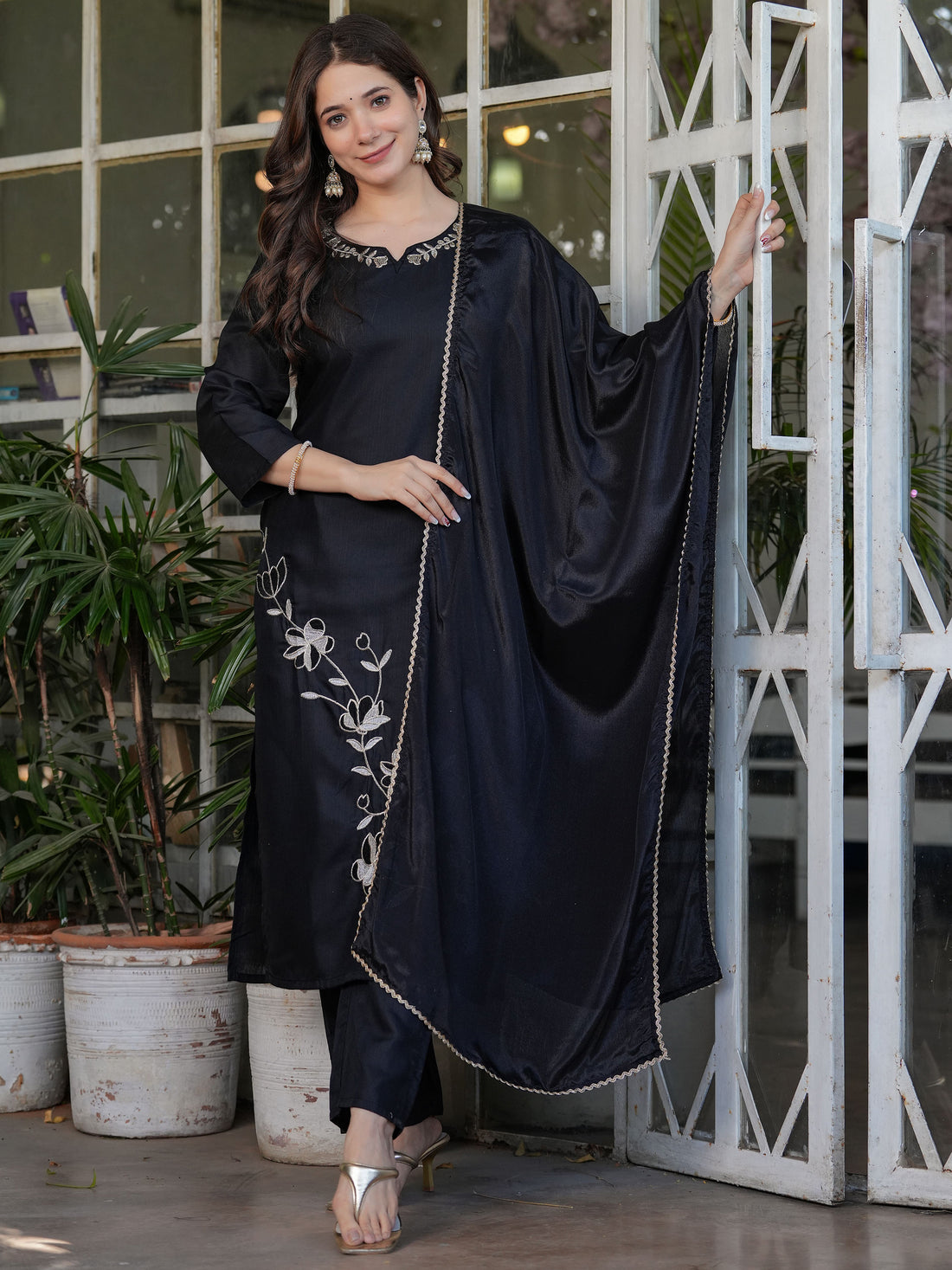 Stunning Black Embroidered Viscose Silk Pant Suit With Dupatta