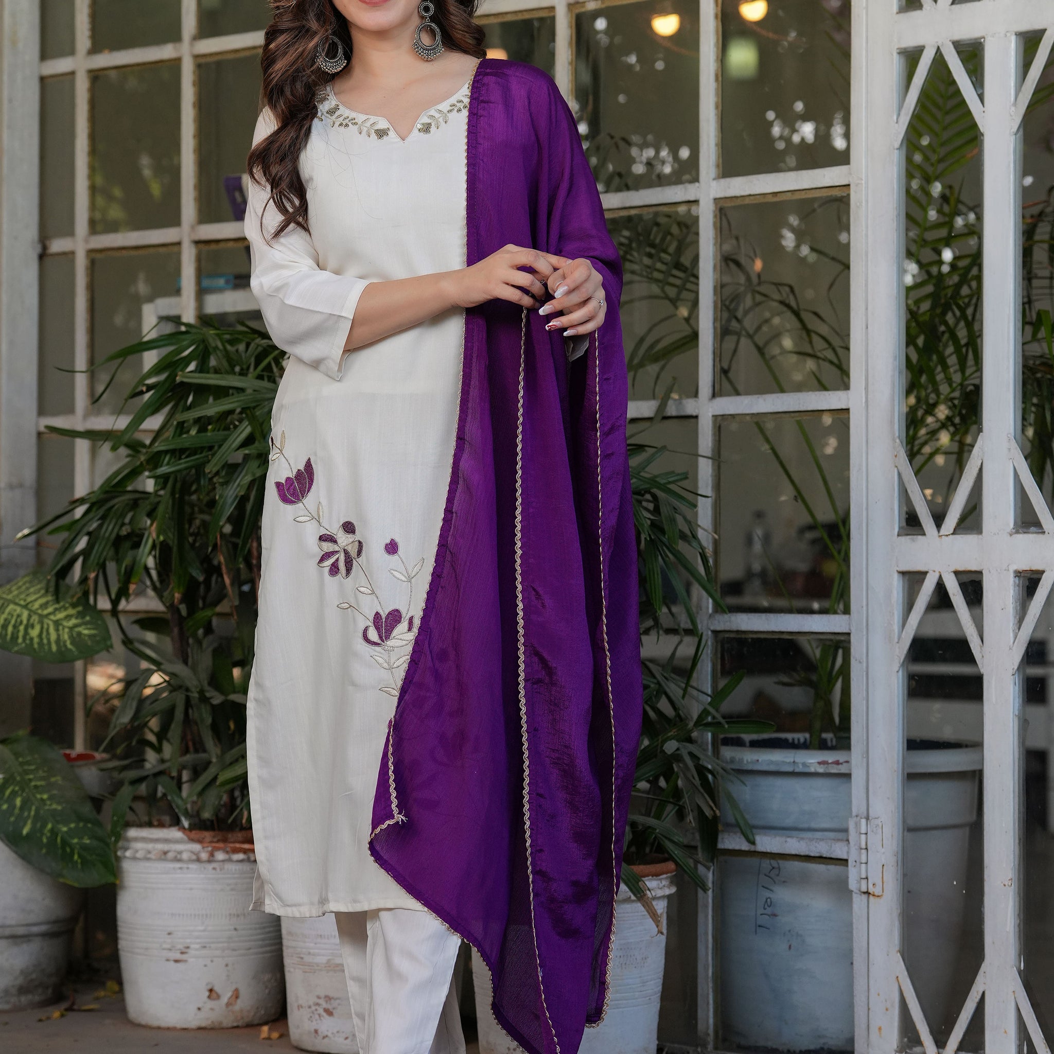 Fascinating Off-White Embroidered Viscose Silk Casual Wear Pant Suit