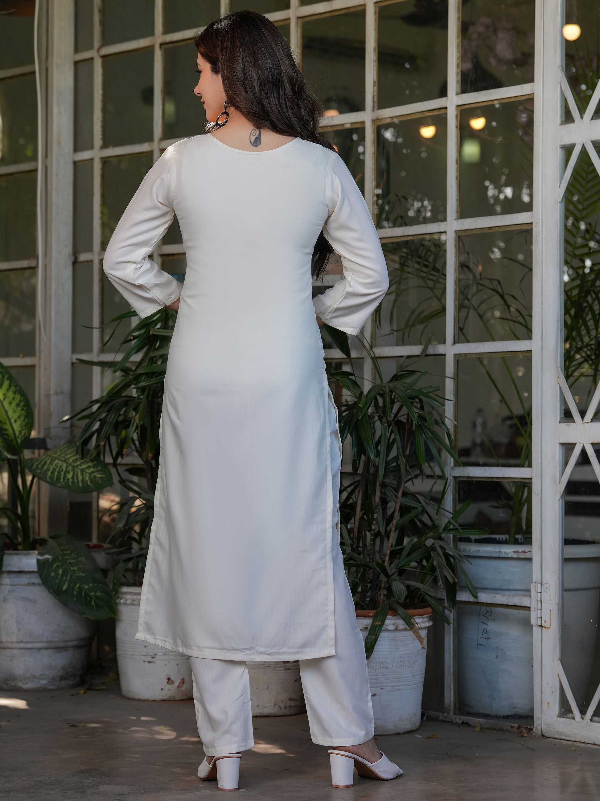 Fascinating Off-White Embroidered Viscose Silk Casual Wear Pant Suit