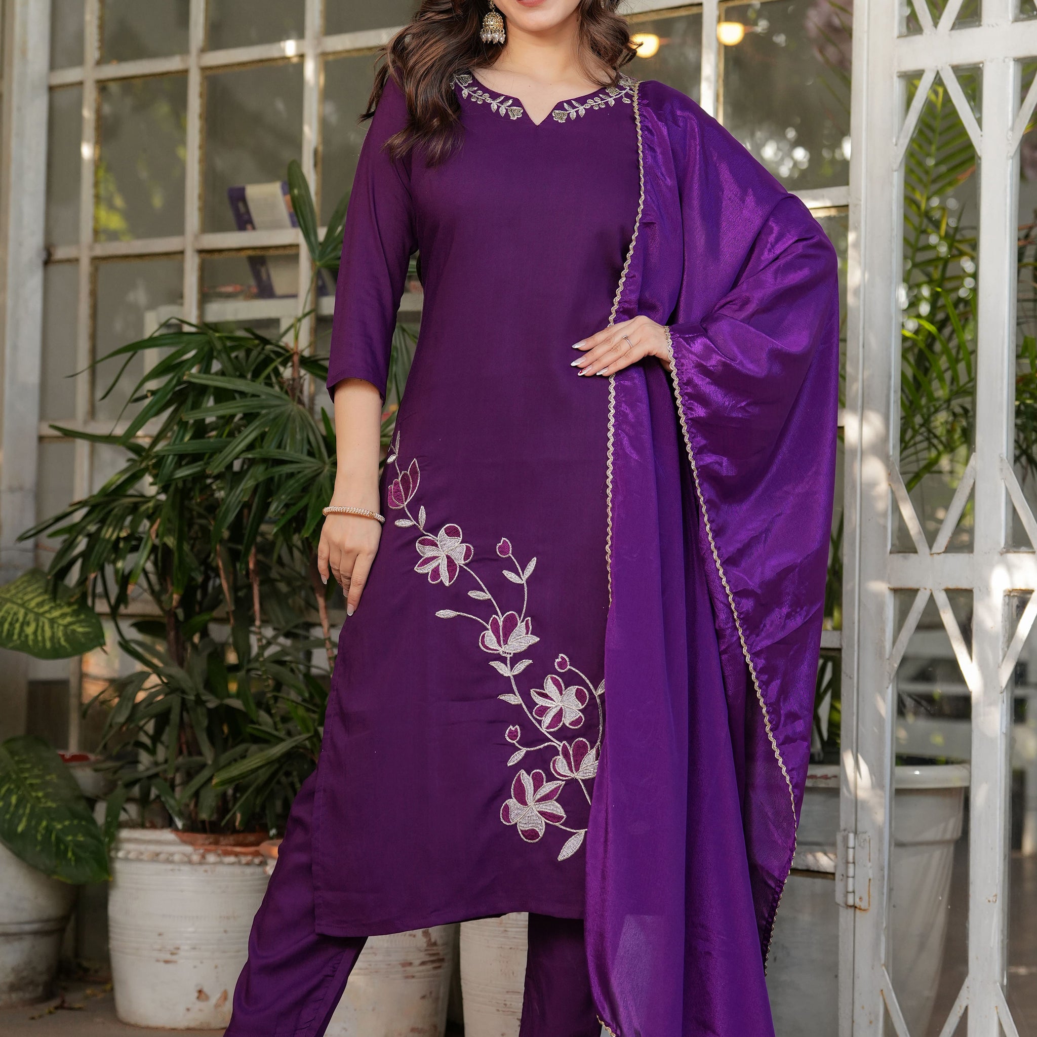 Adorable Wine Embroidered Viscose Silk Straight Pant Suit With Dupatta