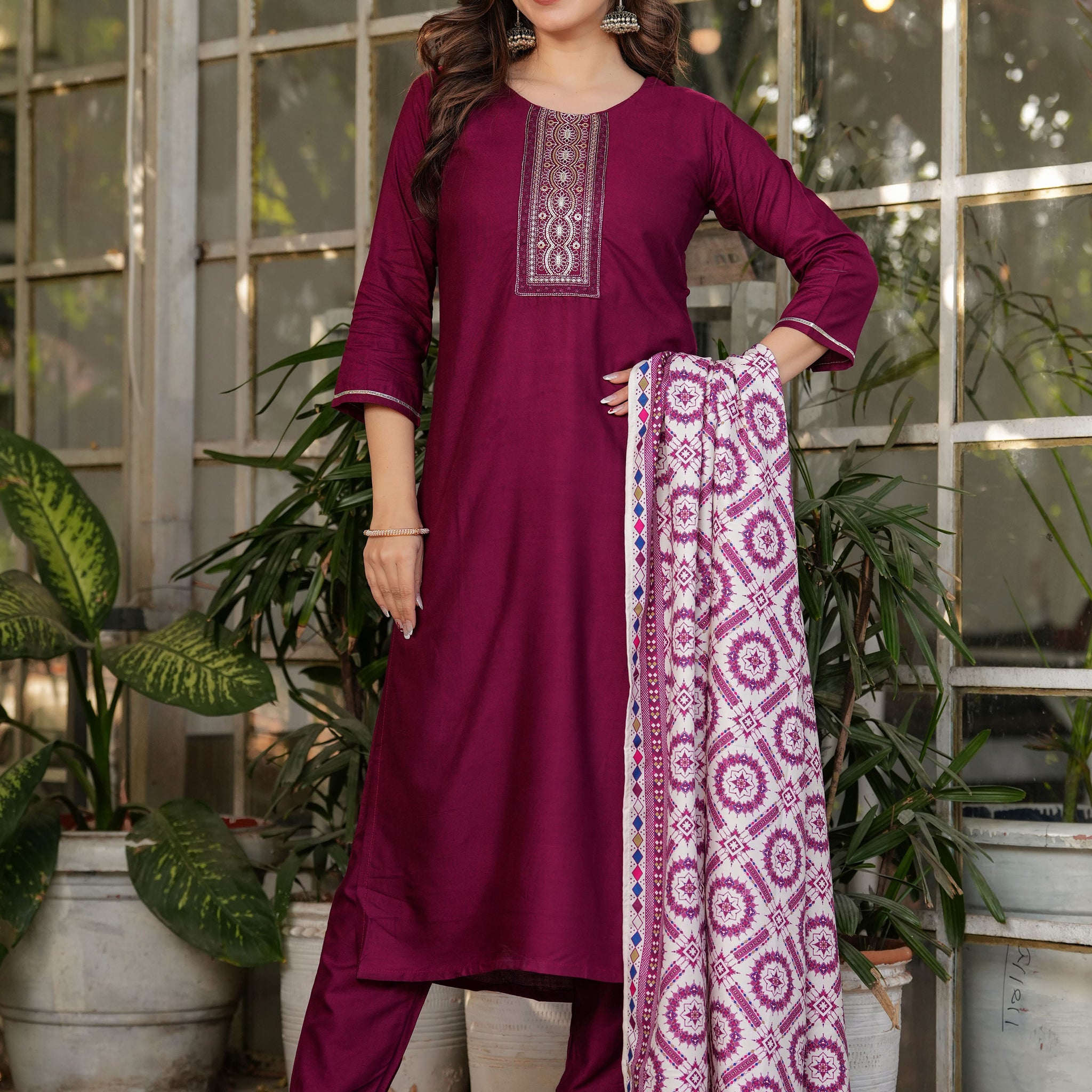 Gorgeous Maroon Rayon Straight Pant Suit With Printed Dupatta