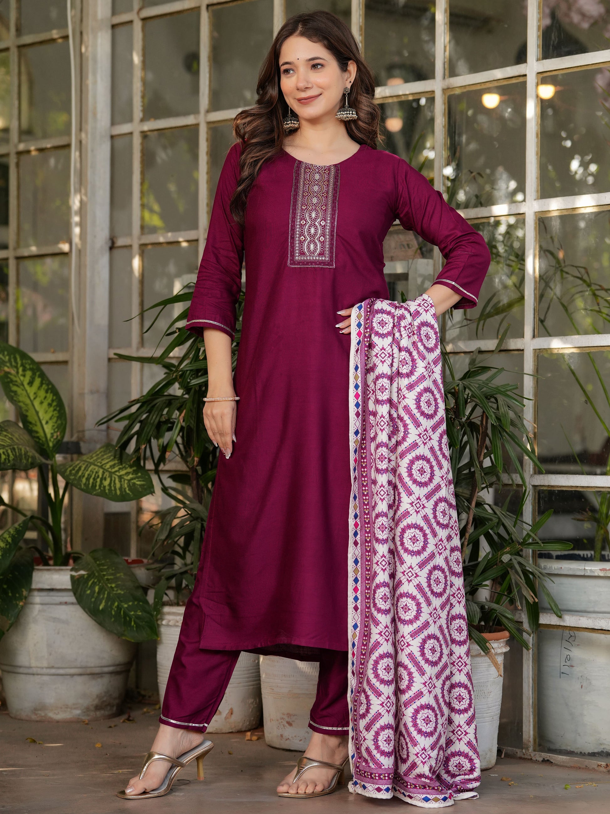 Gorgeous Maroon Rayon Straight Pant Suit With Printed Dupatta