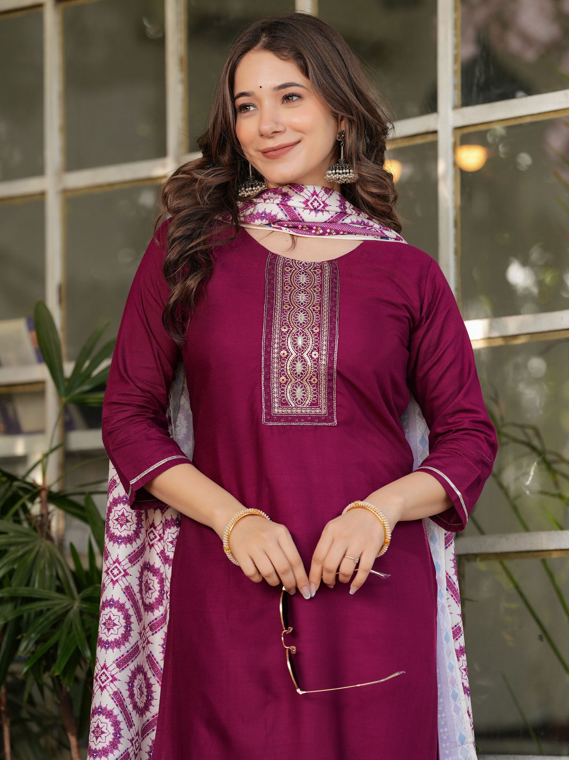 Gorgeous Maroon Rayon Straight Pant Suit With Printed Dupatta
