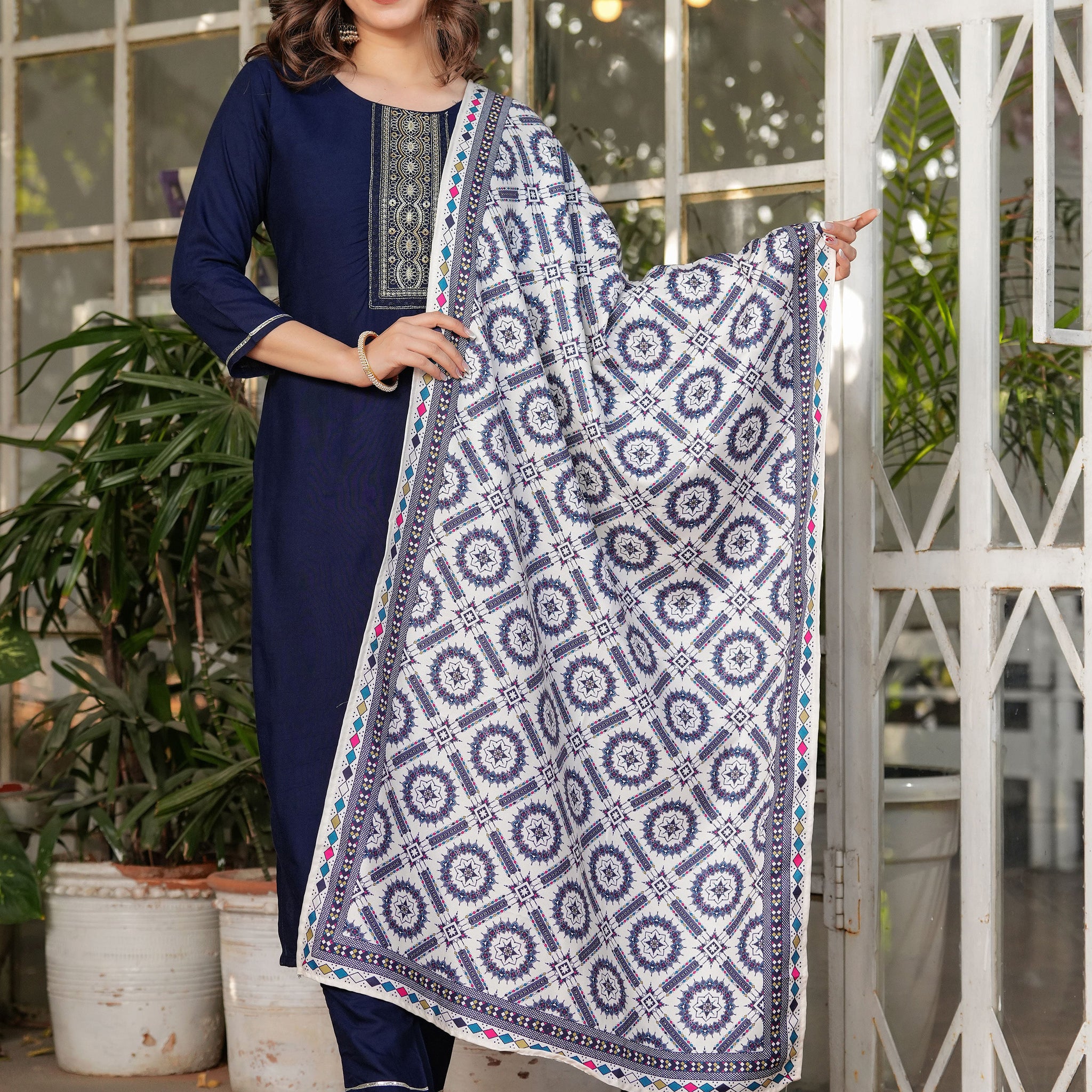 Attractive Navy Blue Rayon Thread Work Festive Wear Pant Suit With Printed Dupatta